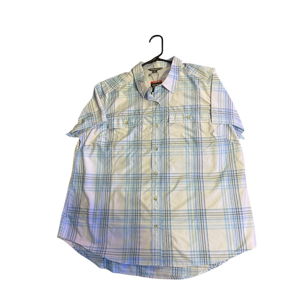 NWT Eddie Bauer Women’s Blue Plaid Short-sleeve Outdoor Adventure Shirt X-Large